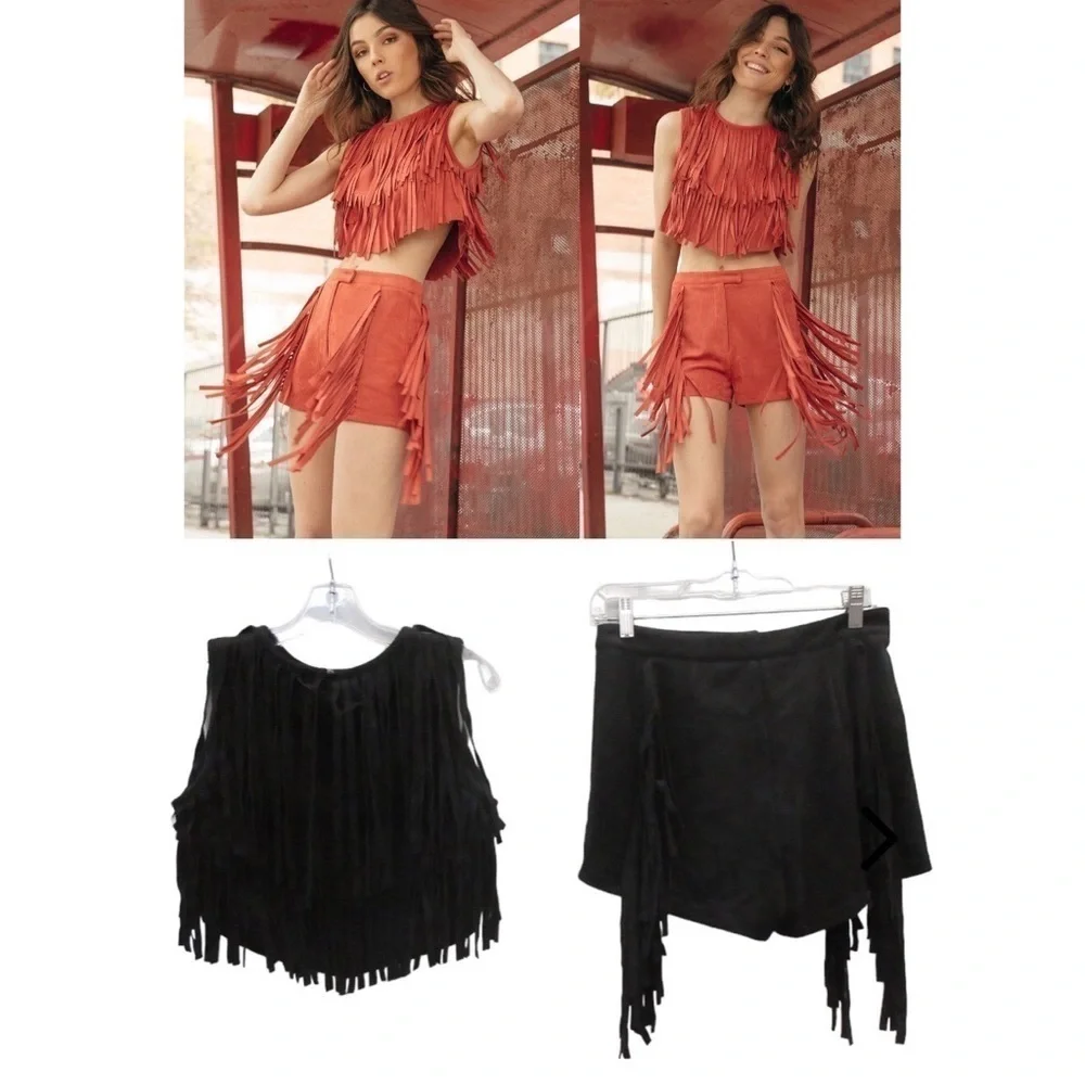 Wild Honey Black Faux Suede Fringe Cropped Sleeveless Tank Top and Short Set - Picture 2 of 16